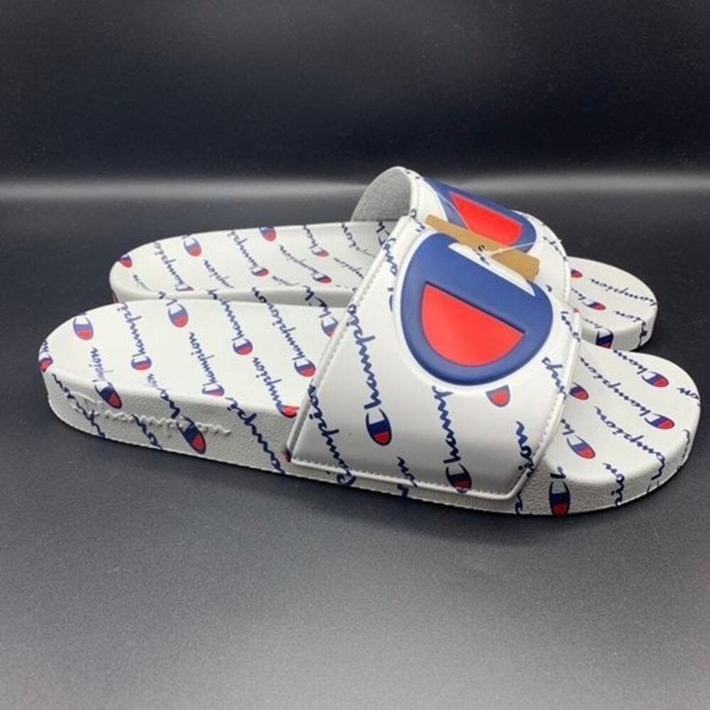 NEW Champion IPO Repeat Men's Slides Sz 11 White Logo Script Red Blue CM100080M - Picture 7 of 8